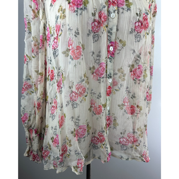 Sundance Amelia Floral Sheer Smocked Blouse Prairie Cottage Button Top Large - Picture 10 of 16